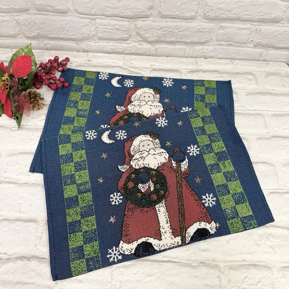 Vtg Tapestry Christmas Placemats Folk Art Santa Blue Green Plaid Cottagecore 2